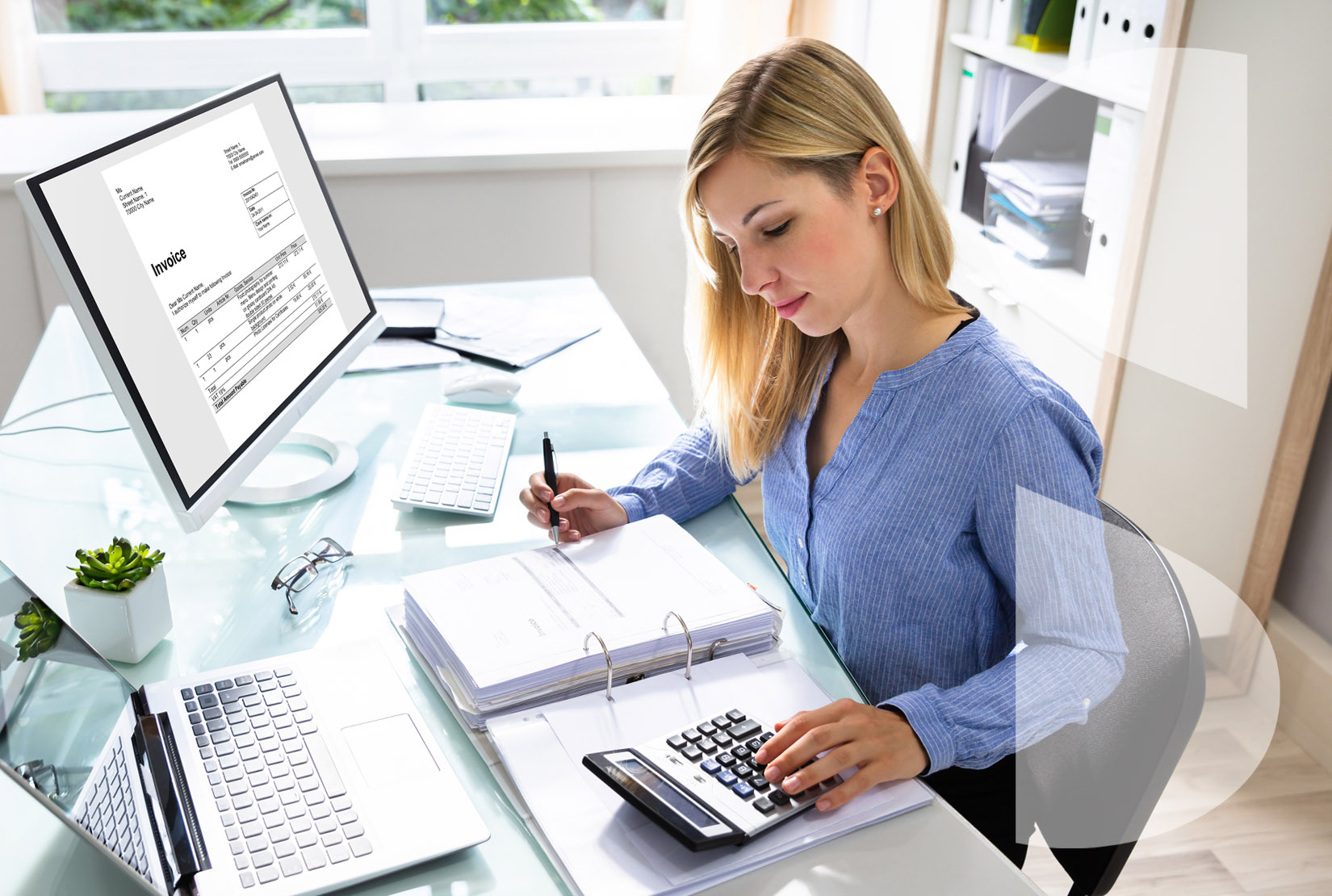 adult woman on calculator taking notes