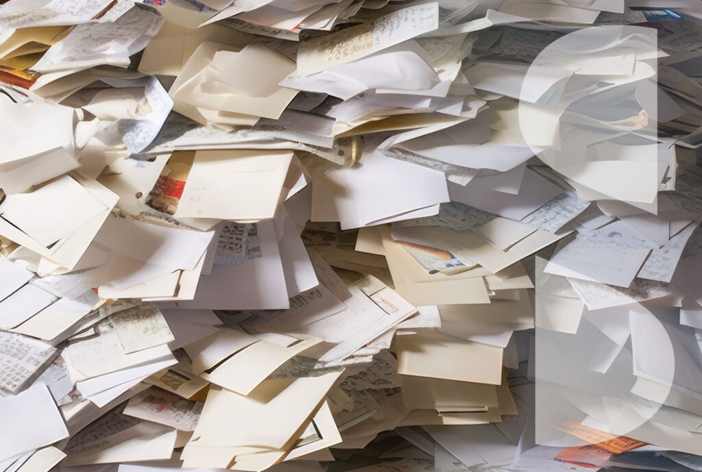 Image showing a huge pile of envelopes and open documents with a semi-transparent ImageSource icon over the right third of the frame.