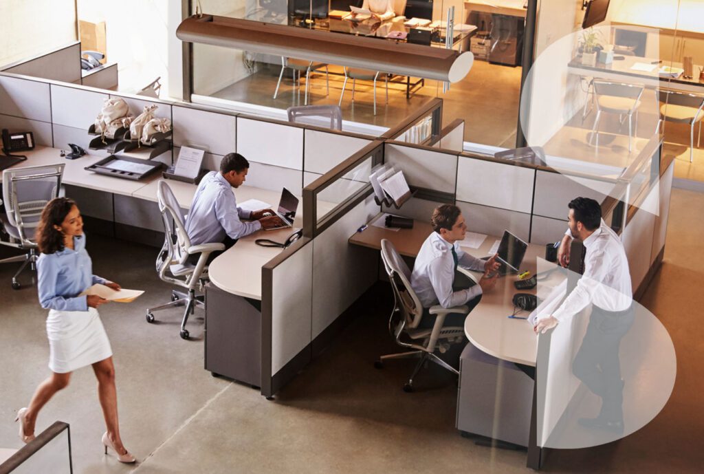 Image shows a busy cubicle office with workers at computers.